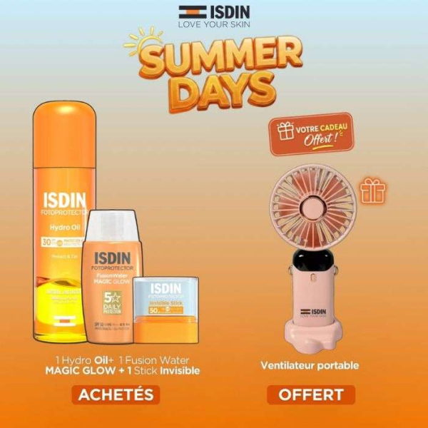 ISDIN OFFRE HYDRO OIL SPF30 +FUSION WATER MAGIC GLOW + STICK INVISIBLE +VENTILATEUR PORTABLE OFFERT